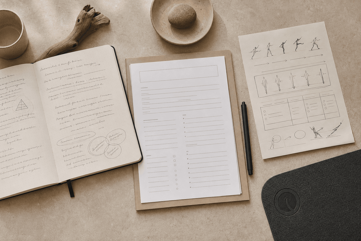 Teaching philosophy notes, intake form, and class plan on a desk