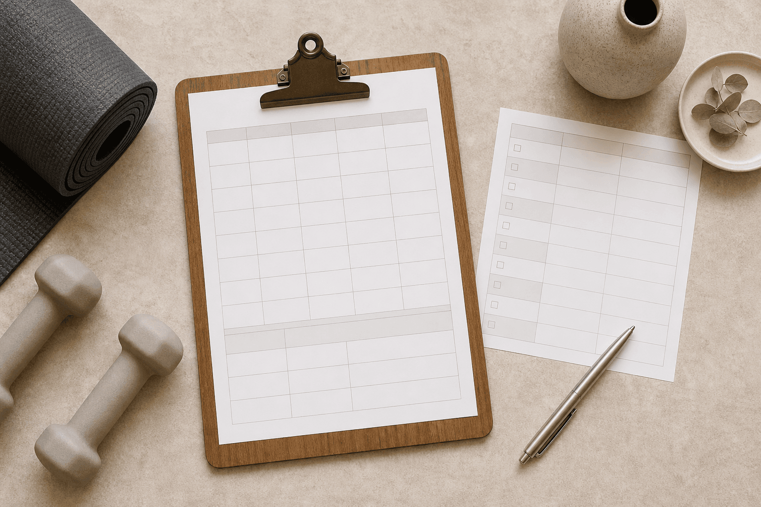 Blank class plan and sequencing templates beside a rolled mat and light dumbbells