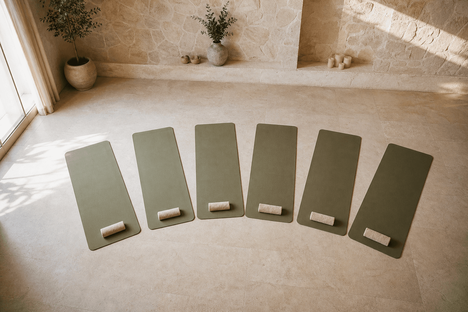 Mats arranged in an arc in a bright movement studio