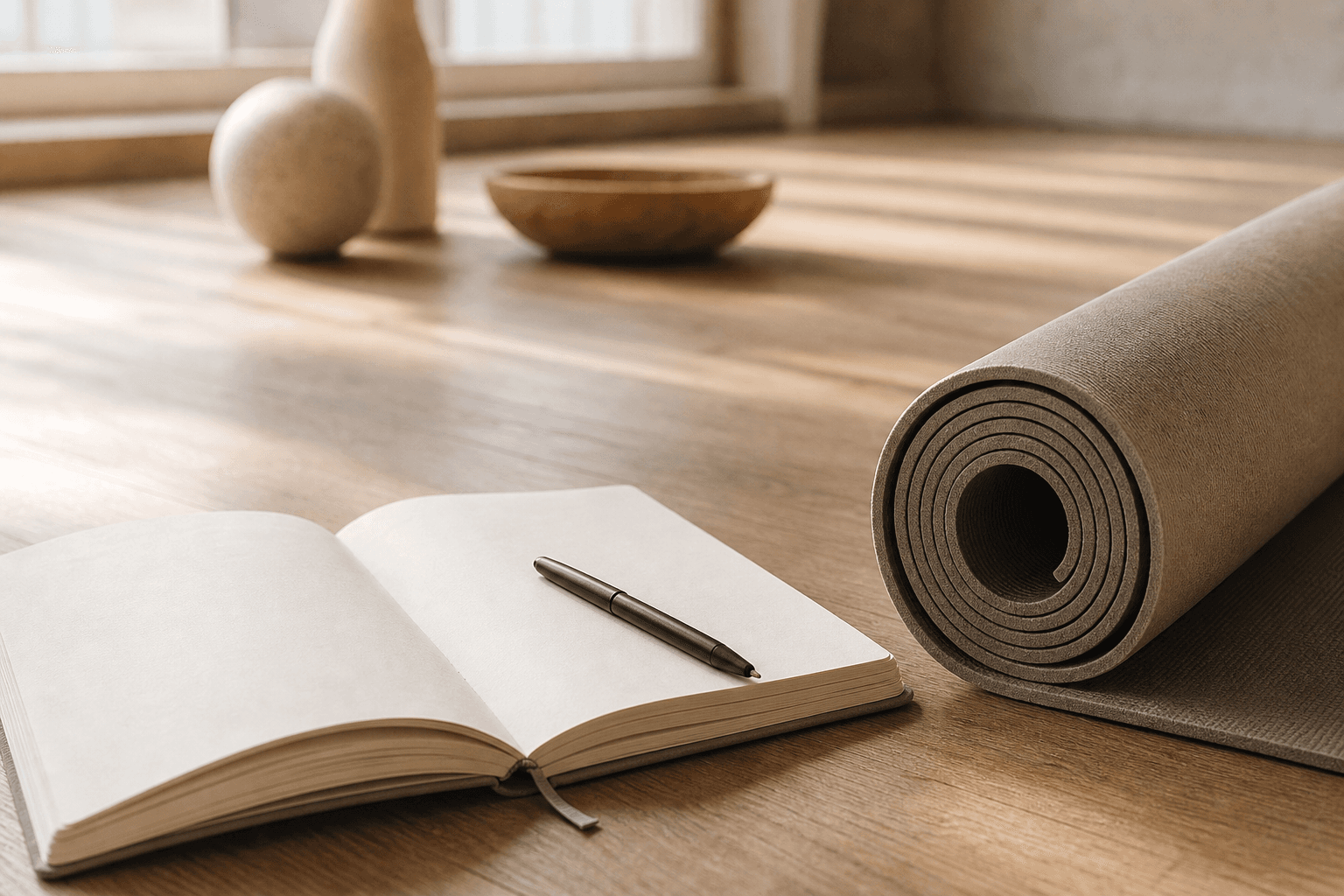 Open notebook beside a rolled mat on a warm studio floor